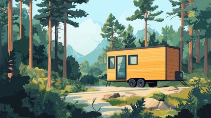 Obraz premium A wooden tiny house on wheels nestled among lush trees, mountains in the background, capturing a serene outdoor lifestyle.