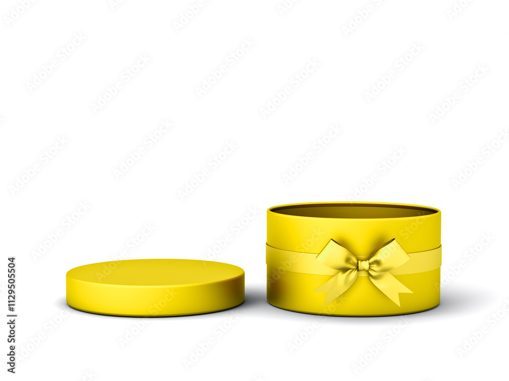 Aufkleber premium and luxury gold round present box open with gold ribbon bow and lid cover or opening blank c