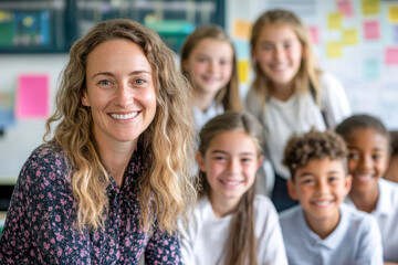 Caucasian female teacher smiling with diverse group of school children in classroom