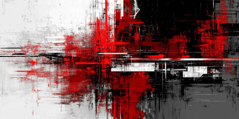 Abstract pixelated patterns in high-contrast colors like red, white, and black, creating a chaotic digital effect.