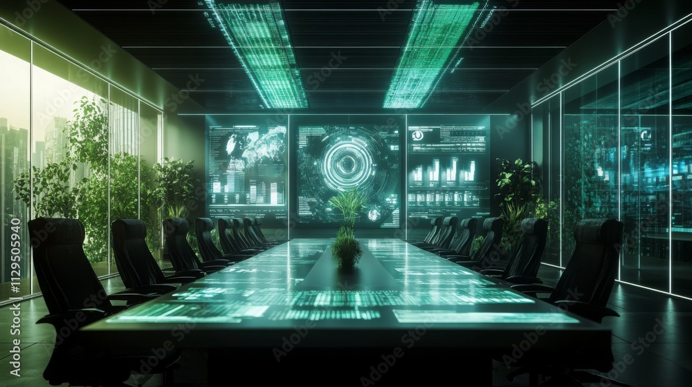 Aufkleber a high-tech conference room features a long table surrounded by ergonomic chairs, with digital scree