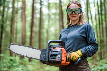 Young caucasian female forester using chainsaw in forest with protective gear