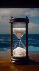A close-up of an hourglass with sand flowing, symbolizing the passage of time.