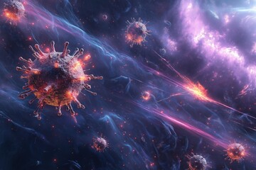 Fototapeta premium Viral storm depicted as virus particles traveling through a cosmic landscape resembling meteors in space