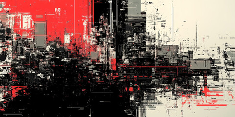 Abstract pixelated patterns in high-contrast colors like red, white, and black, creating a chaotic digital effect.