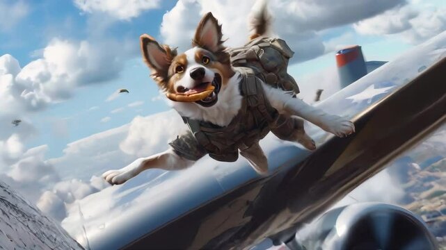 A playful dog in military gear holds a slice of pizza while hanging from an airplane, creating a humorous and adventurous scene.. AI Generation