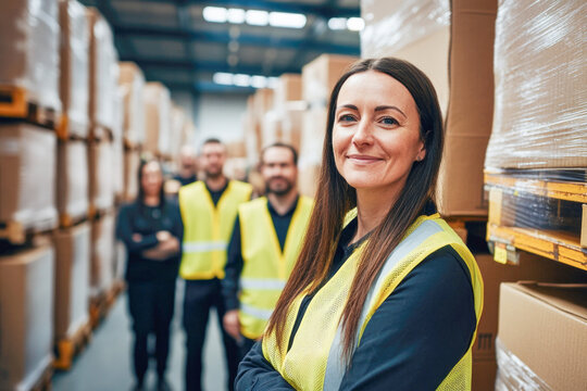 Confident caucasian female leader with team in warehouse setting
