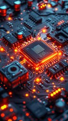 Obraz premium Close-up of a glowing microprocessor on a circuit board.