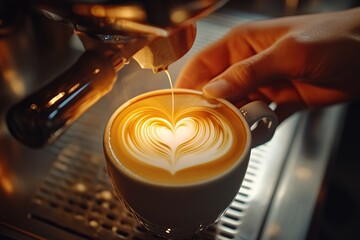Cup of cappuccino with drawn heart on coffee machine