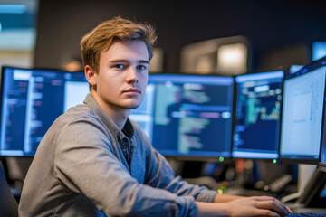 Young caucasian male coder working at computer in tech environment