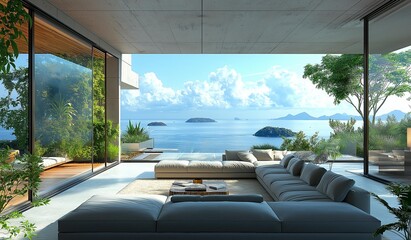 Fototapeta premium AI-generated images of Sofa, white marble background, European-style sofa with gold and silver embellishments,cozy, in a room with luxurious marble walls and floors.mirror room Overlooking the sea 