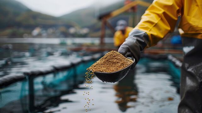 Worker holds scoop of pelleted feed fish for feeding. Concept Farm of trout and salmon.