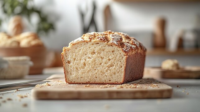 top-down view of gluten-free bread loaf sliced and placed on cutting board with blurred baking tools in background