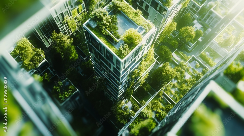 Poster buildings adorned with lush greenery, showcasing a commitment to sustainable finance and environment