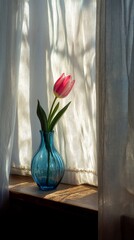 Beautiful pink tulip in teal vase on windowsill with natural light