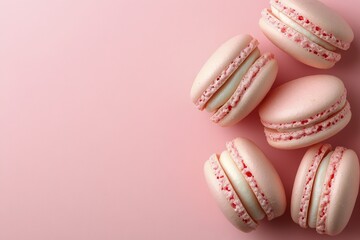 Obraz premium Delightful pink macarons surrounded by sparkling droplets on a pastel background