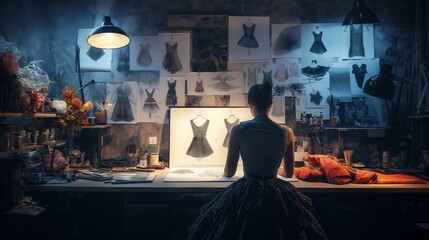 fashion designer sketching elegant garments, surrounded by fabric samples, mannequins