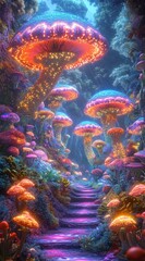 Fototapeta premium Fantastic magic mushrooms in an enchanted fairytale elven forest against the backdrop of mysterious nature.