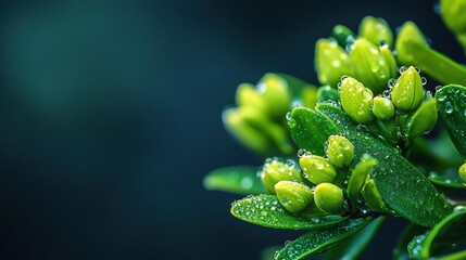 Close-up of dew-covered green buds and leaves.