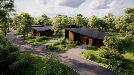 Contemporary wooden houses nestled among lush greenery, showcasing sustainable architecture in a serene natural landscape.