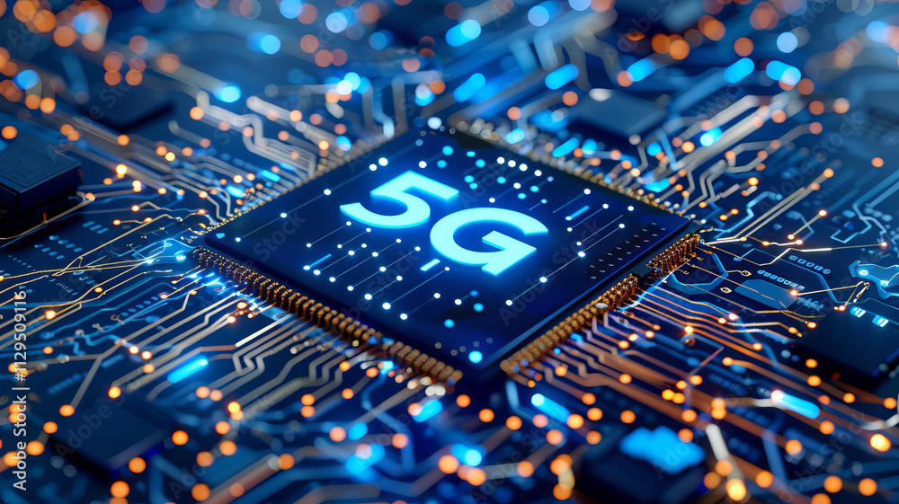 Poster concept cpu microchip with 5g ai and data network. close-up view of modern chip gpu card with circui