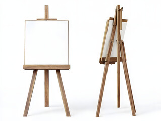 Wooden easel with blank canvas displayed from different angles, isolated on white background. PNG transparent.