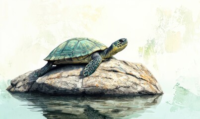 Obraz premium A turtle rests on a rock, surrounded by water, showcasing its vibrant shell and serene environment.