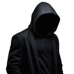 Silhouette of a hooded male scammer in dark clothes on a white or transparent background. PNG.