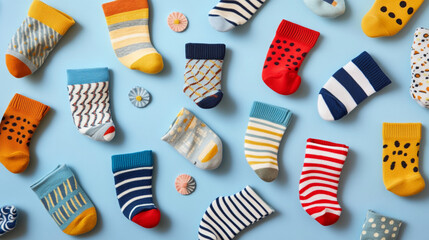 Fototapeta premium Colorful Baby Socks Flat Lay Adorable Knitted Toddler Footwear