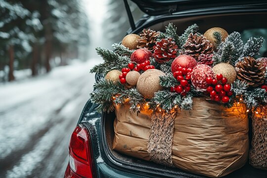 car trunk stuffed with Christmas beautifications in shopping sacks, filled with happy things like adornments, lights, and blessing advancements, regular promotions, or way of life substance