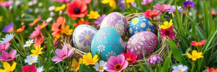 Colorful Easter eggs adorned with intricate designs, nestled among vibrant flowers and lush green grass in a beautiful spring meadow, flowers, Easter