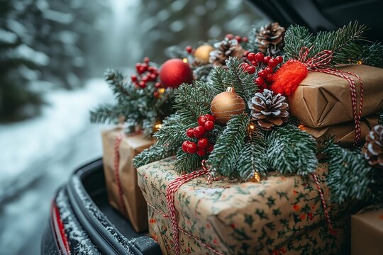 car trunk stuffed with Christmas beautifications in shopping sacks, filled with happy things like adornments, lights, and blessing advancements, regular promotions, or way of life substance