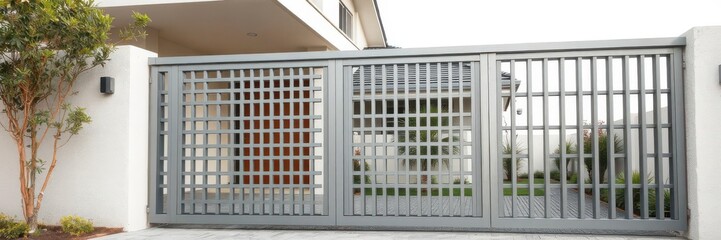 Aluminum metal gate of modern suburban house with geometric slats and sleek design, house