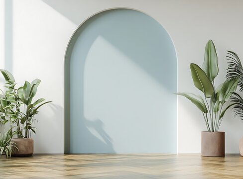 A minimalistic room with a large wall, arched pastel blue area in the center, wooden floor, plants, and a white background