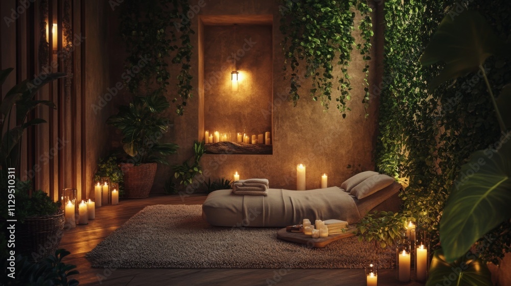 Poster a tranquil retreat features soft textiles and warm lighting, with candles casting a soothing glow. a