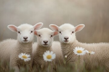 Fototapeta premium animal playfulness, playful lambs with fluffy coats bounce in a field of blooming daisies, spreading mischief as they enjoy the breeze