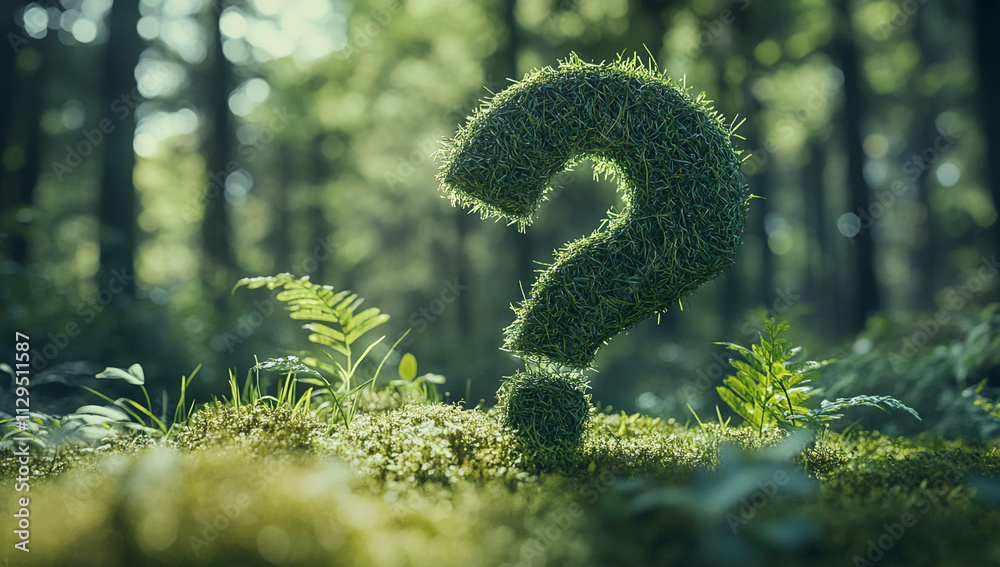 Poster green question mark made of grass surrounded by ferns in a sunlit forest setting during daytime