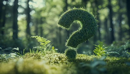 Green question mark made of grass surrounded by ferns in a sunlit forest setting during daytime