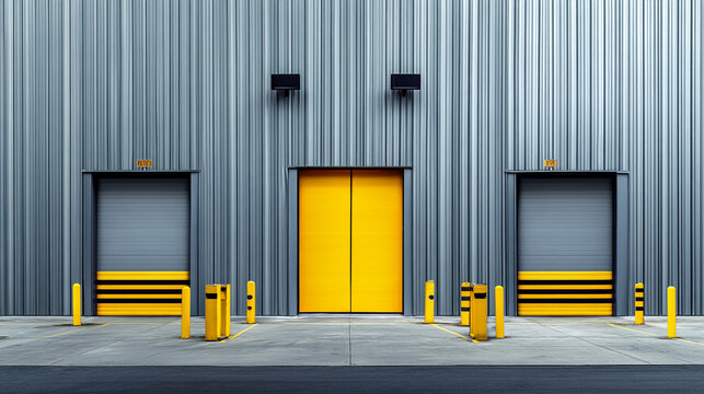Modern Warehouse Exterior  Yellow Doors  Gray Metal Siding  Loading Docks