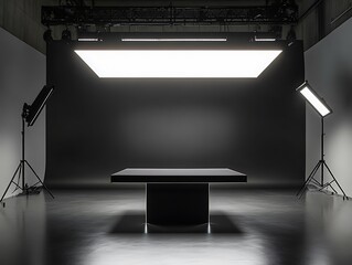 A modern photography studio setup with a black background and a white gradient wall, featuring a central table for product photography