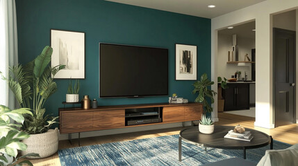 Modern Teal Living Room Interior Design  TV  Plants    Decor