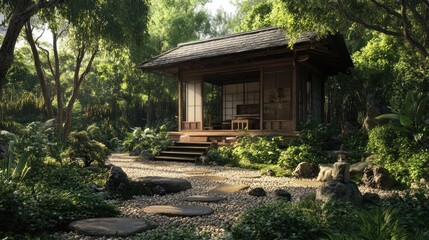 Obraz premium Tranquil Asian garden pavilion with stone path.