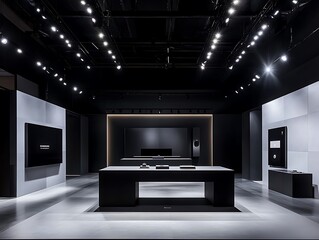 Fototapeta premium A modern photography studio setup with a black background and a white gradient wall, featuring a central table for product photography