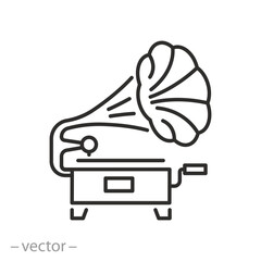 gramophone icon, retro turntable, vintage musical horn, thin line symbol - editable stroke vector illustration