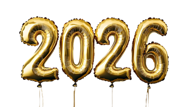 4 gold foil balloons in the shape of the numbers "2026", each with an attached string, arranged in sequence on a gold background.