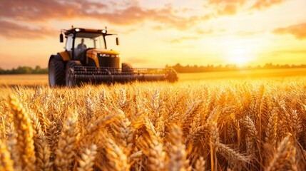 A yellow and black tractor harvesting wheat at sunset in a golden field.