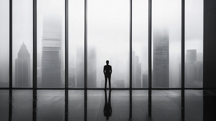 Businessman Contemplating Cityscape Foggy Window View