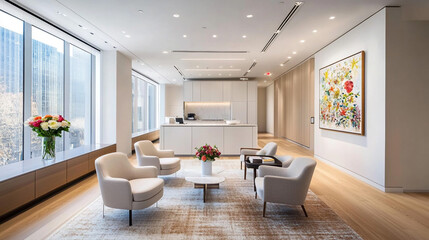 Modern Office Lounge  Luxury Interior Design  City View  Floral Art