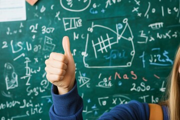 Student gives a thumbs up in front of a chalkboard filled with complex math equations during a classroom session