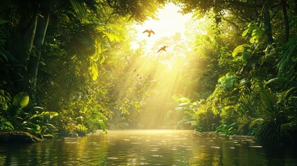 Obraz premium A serene jungle scene with sunlight filtering through lush greenery, reflecting on a calm river, evoking tranquility and connection with nature.